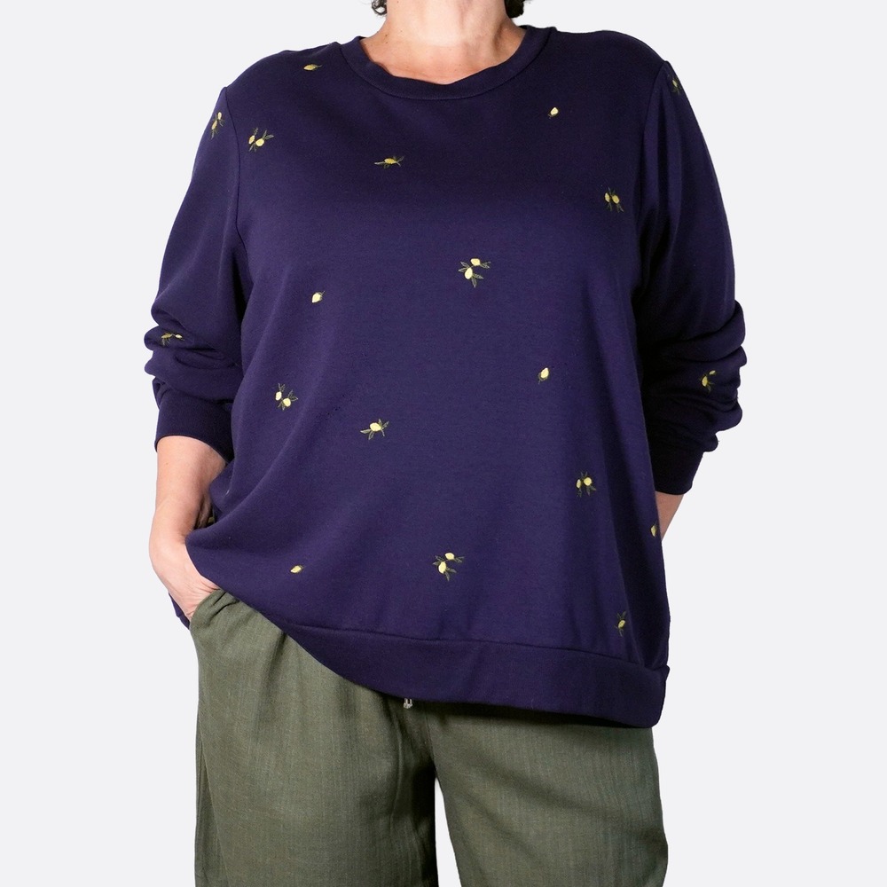 Gloria Vanderbilt Lemon Embroidered Fleece Sweatshirt Navy Blue 3X Crewneck Top